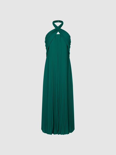 Roya Halter Neck Pleat Midi Dress