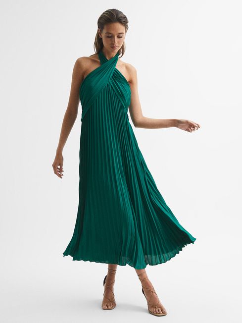 Roya Halter Neck Pleat Midi Dress