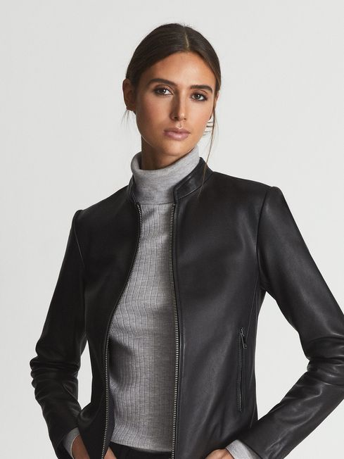 Allie Leather Collarless Biker Jacket