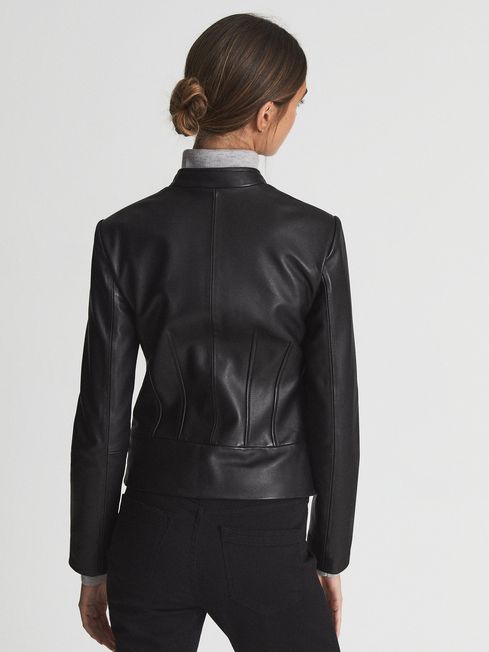 Allie Leather Collarless Biker Jacket