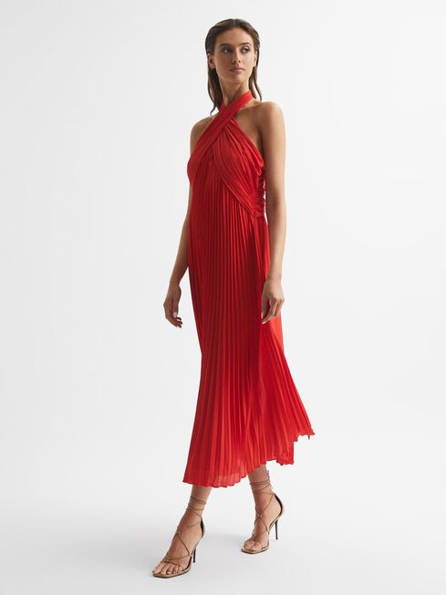 Roya Halter Neck Pleat Midi Dress