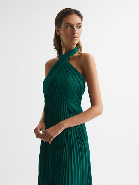 Roya Halter Neck Pleat Midi Dress
