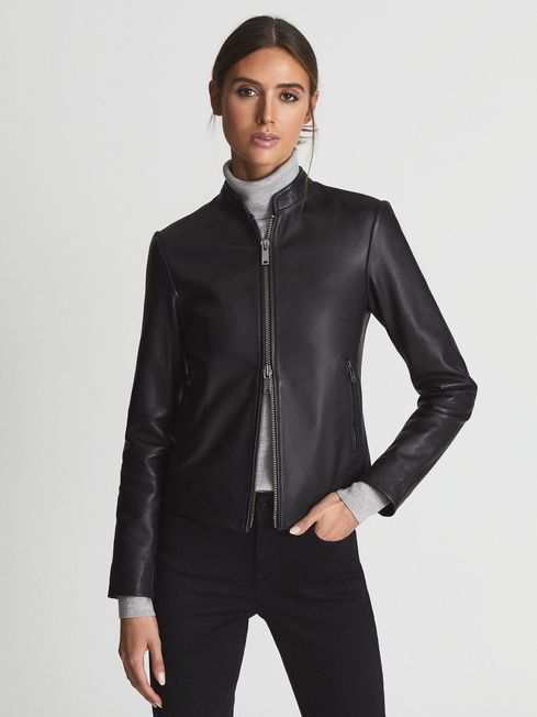 Allie Leather Collarless Biker Jacket