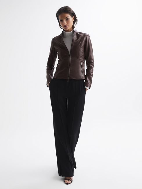 Ania Leather Zip Front Biker Jacket