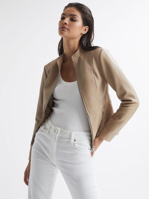 Ania Leather Zip Front Biker Jacket