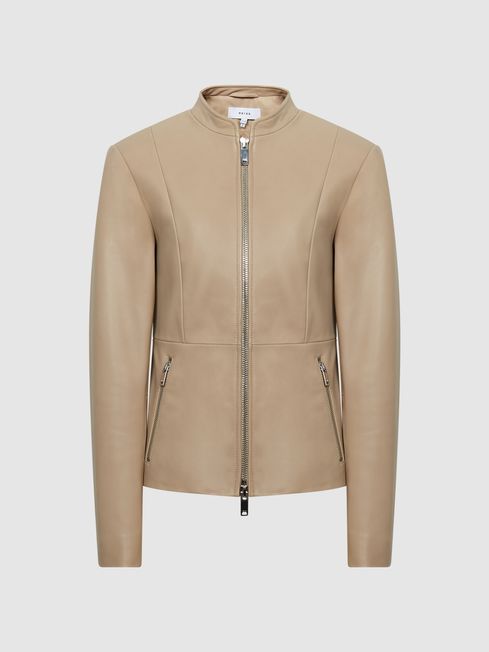 Ania Leather Zip Front Biker Jacket