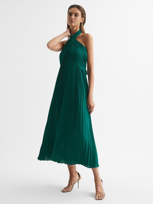 Roya Halter Neck Pleat Midi Dress