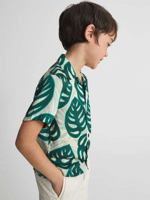 Yung Cuban Collar Monster Leaf Print Shirt