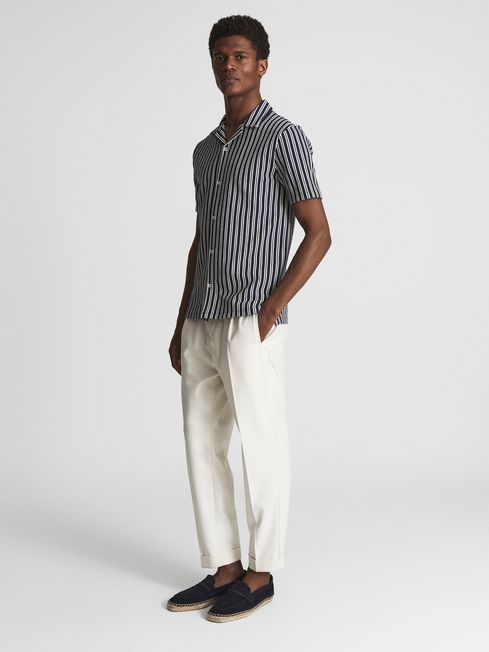 Green Cuban Collar Textured Stripe Shirt
