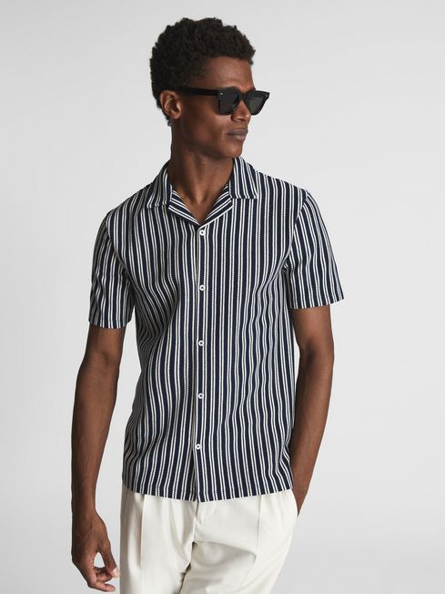 Green Cuban Collar Textured Stripe Shirt