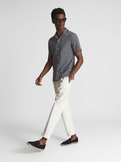 Green Cuban Collar Textured Stripe Shirt