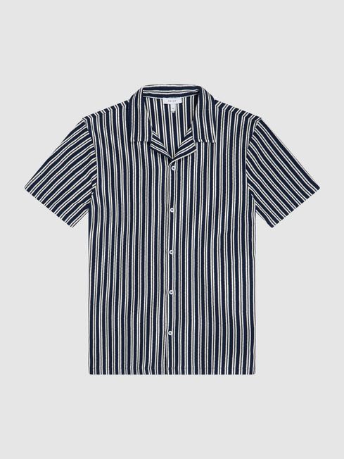 Green Cuban Collar Textured Stripe Shirt