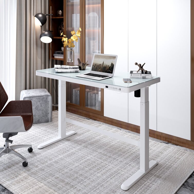Home Office Height Adjustable 48" Width Glass Top Standing Desk with Drawer