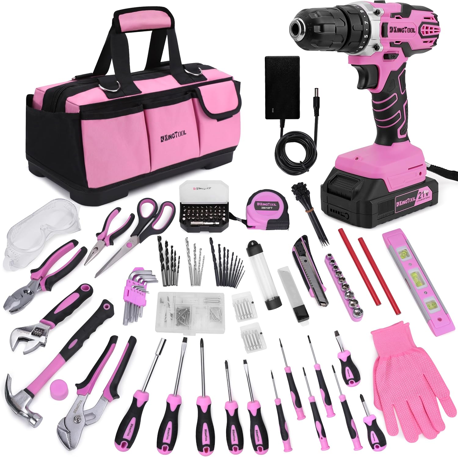 KingTool 267-Piece Pink Tool Set with 21V Cordless Drill – Home Repair Kit for Women with Storage Bag