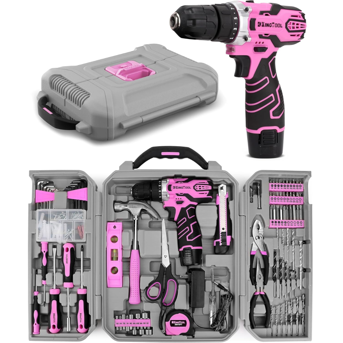 KingTool 219 Piece Pink Tool Kit – Home Tool Set with 12V Max Cordless Power Drill, Ideal for Women, Office, Home & Garden Repairs