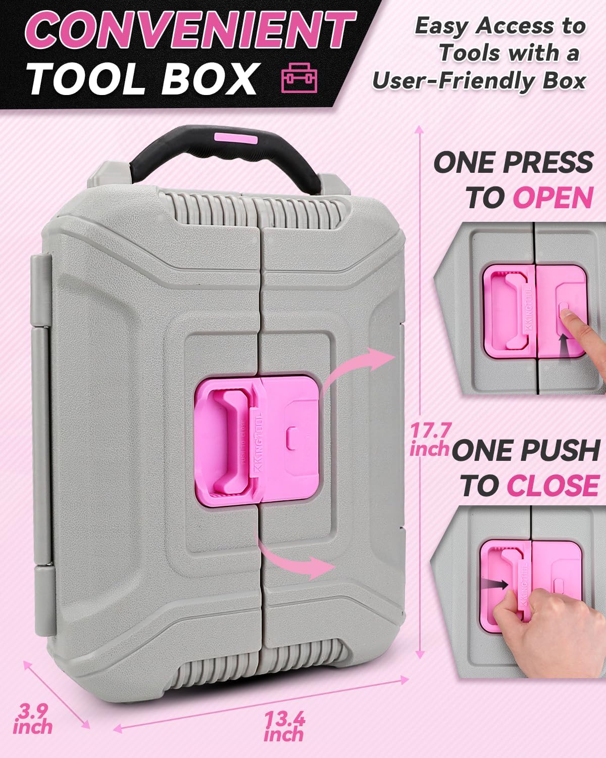 KingTool 219 Piece Pink Tool Kit – Home Tool Set with 12V Max Cordless Power Drill, Ideal for Women, Office, Home & Garden Repairs