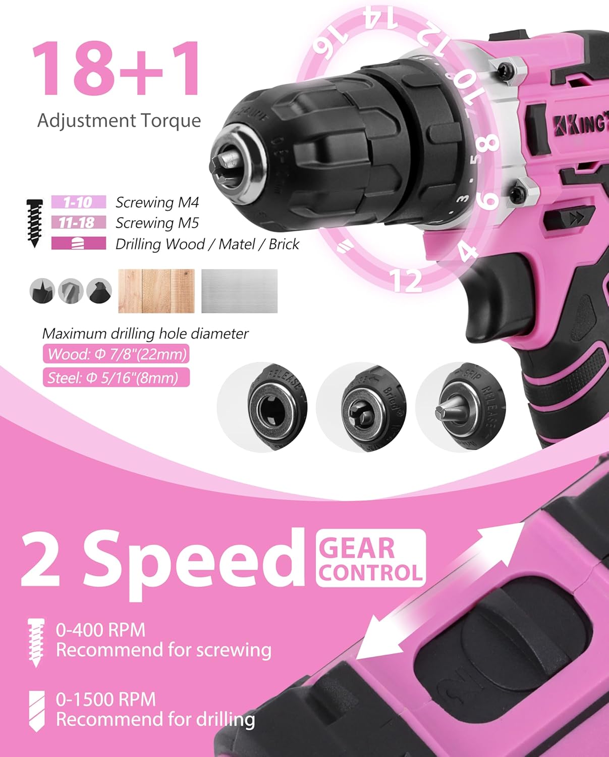 KingTool 267-Piece Pink Tool Set with 21V Cordless Drill – Home Repair Kit for Women with Storage Bag