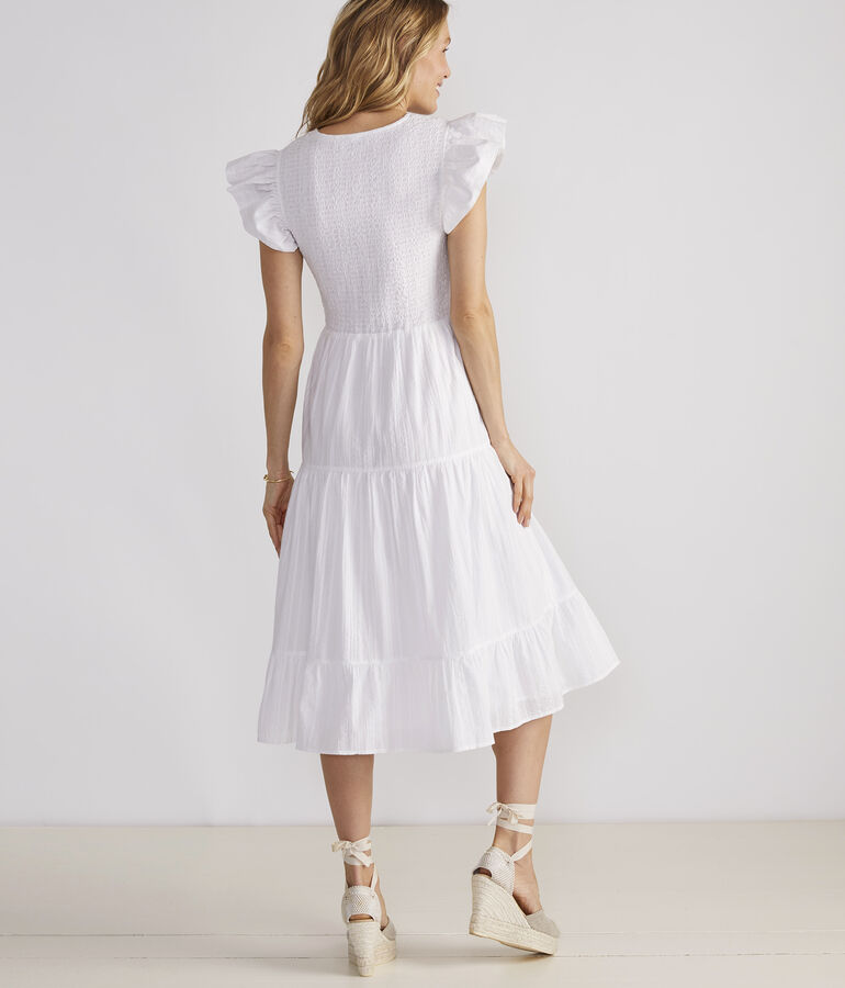 Smocked V-Neck Midi Dress