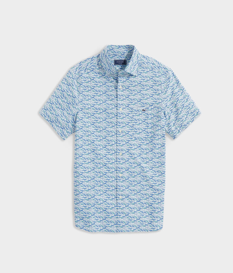 Stretch Poplin Short-Sleeve Fish Print Shirt