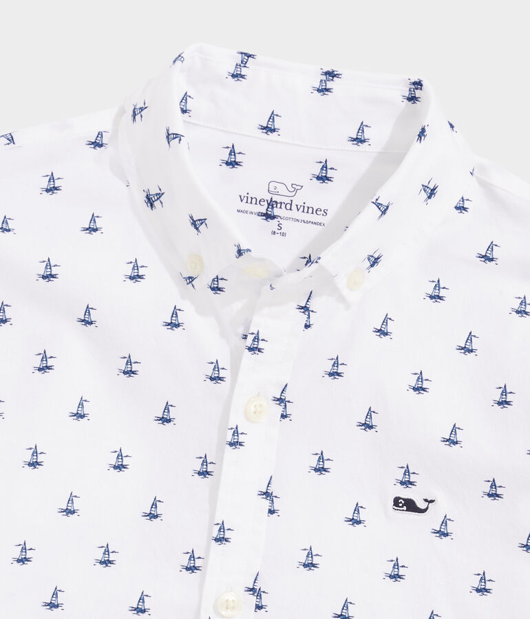 Boys Sailboat Micro Printed Short Sleeve Shirt