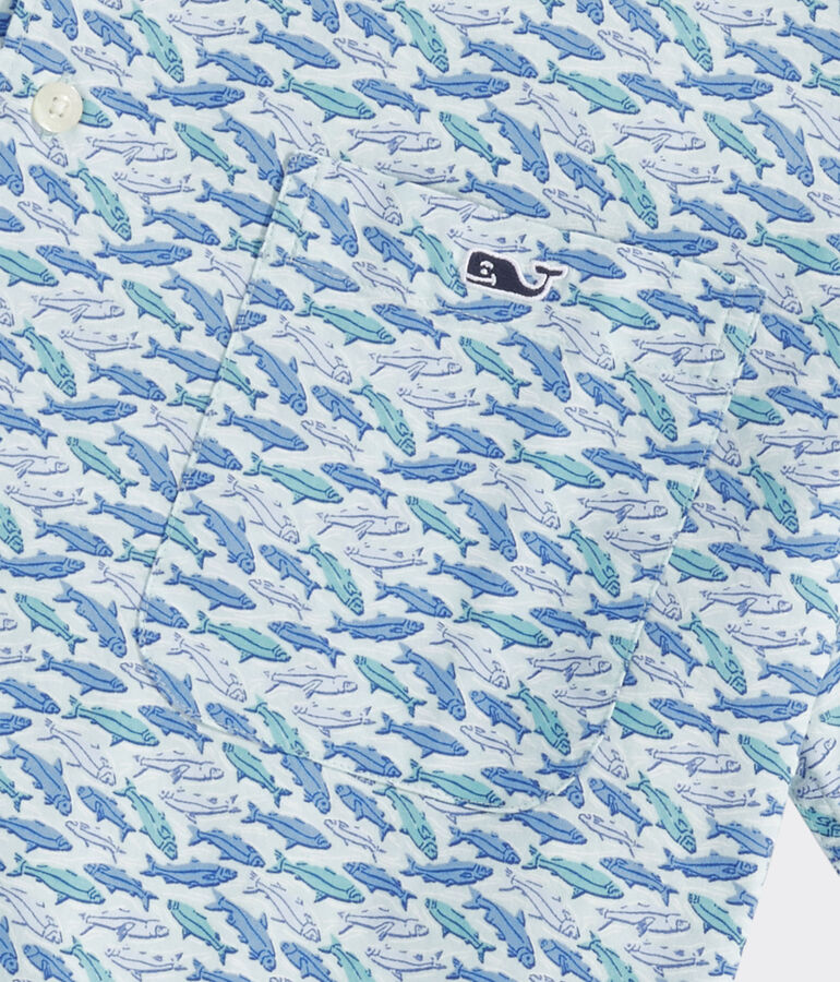 Stretch Poplin Short-Sleeve Fish Print Shirt