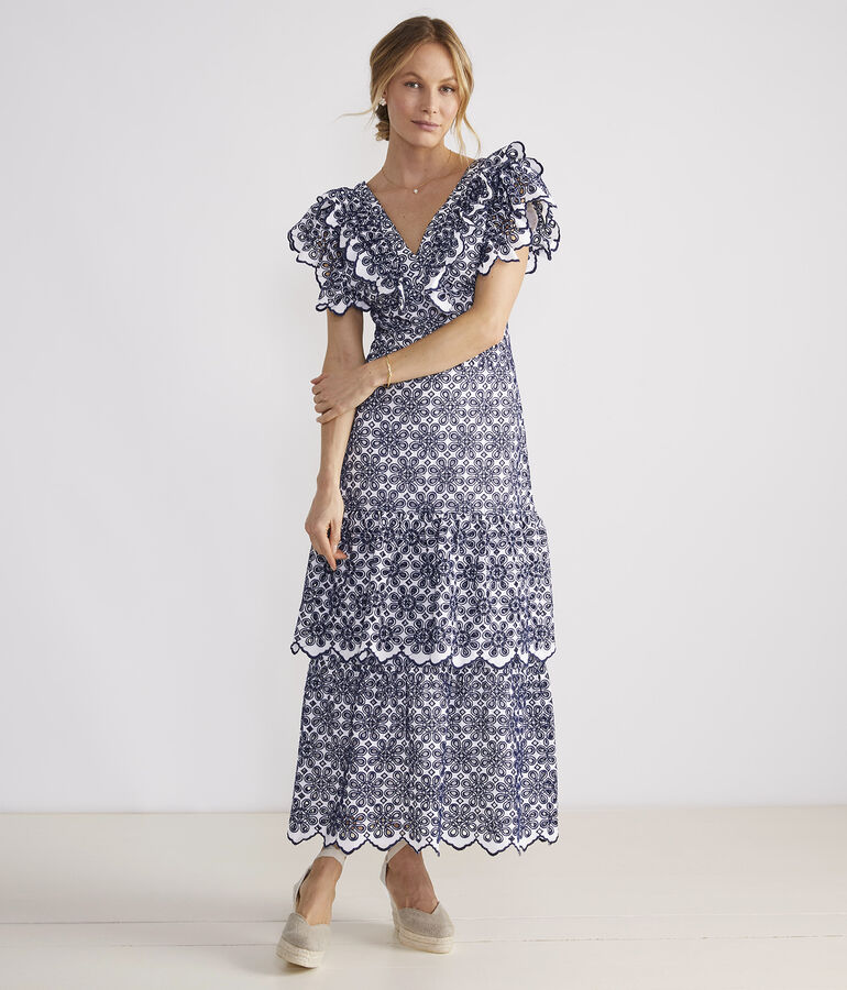 Kentucky Derby Eyelet Ruffle Maxi Dress