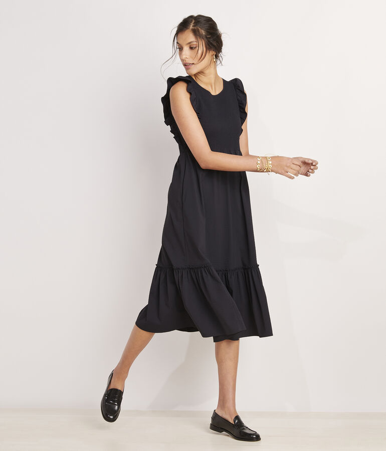 Harbor Seersucker Smocked Midi Dress