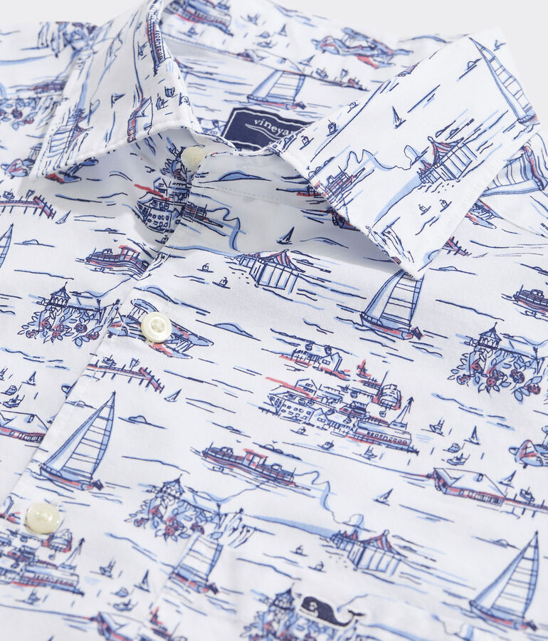 Stretch Poplin Short-Sleeve Edgartown Scenes Shirt