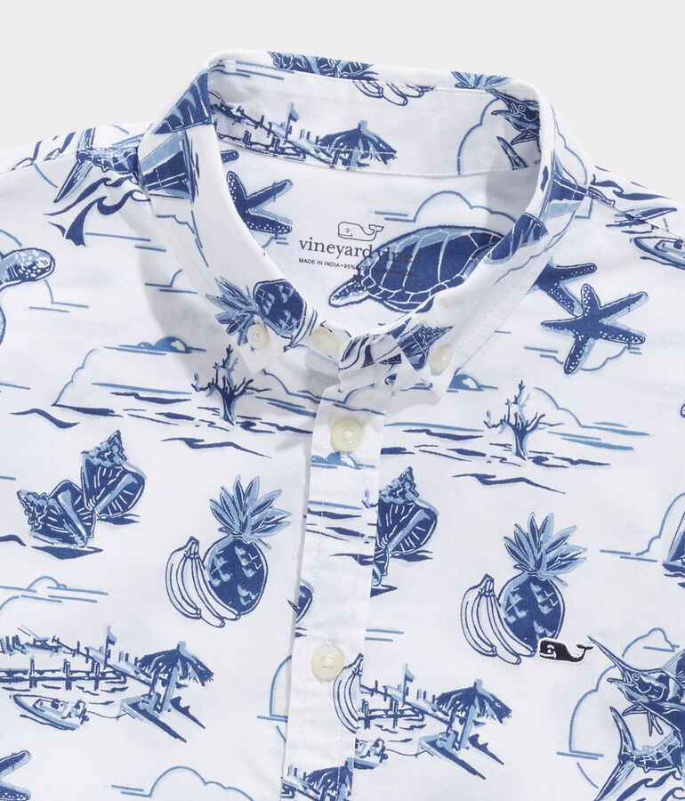 Boys' Stretch Poplin Short-Sleeve Harbour Icons Print Shirt