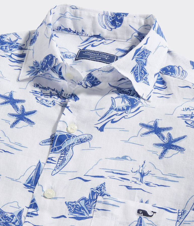 Linen Short-Sleeve Harbour Icons Print Shirt