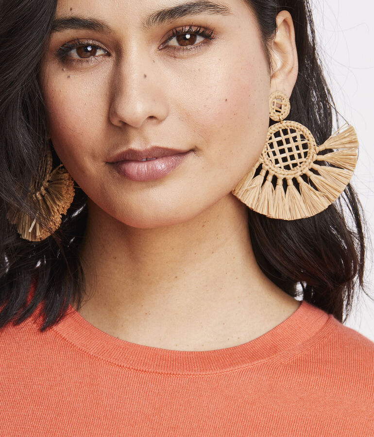 Woven Rattan Raffia Fringe Earrings