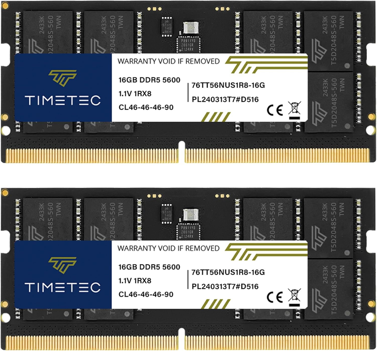 Timetec Premium 16GB DDR5 5600MHz PC5-44800 Unbuffered Non-ECC 1.1V CL46 1Rx8 Single Rank 262Pin SODIMM Laptop Memory RAM Upgrade