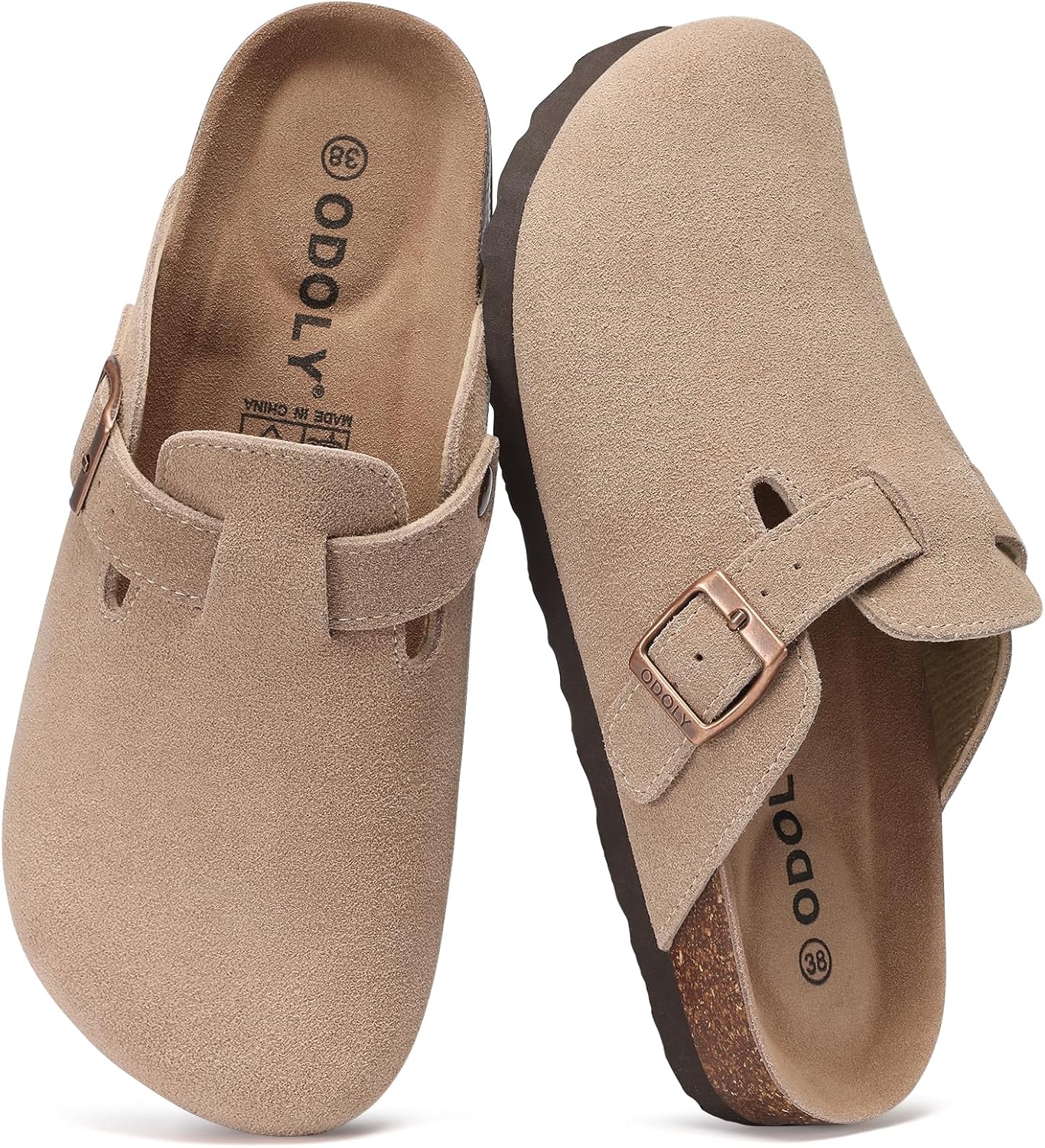 ODOLY Genuine Suede Clogs for Women Men Soft Cork Footbed Leather Mules Comfort Potato Shoes with Arch Support