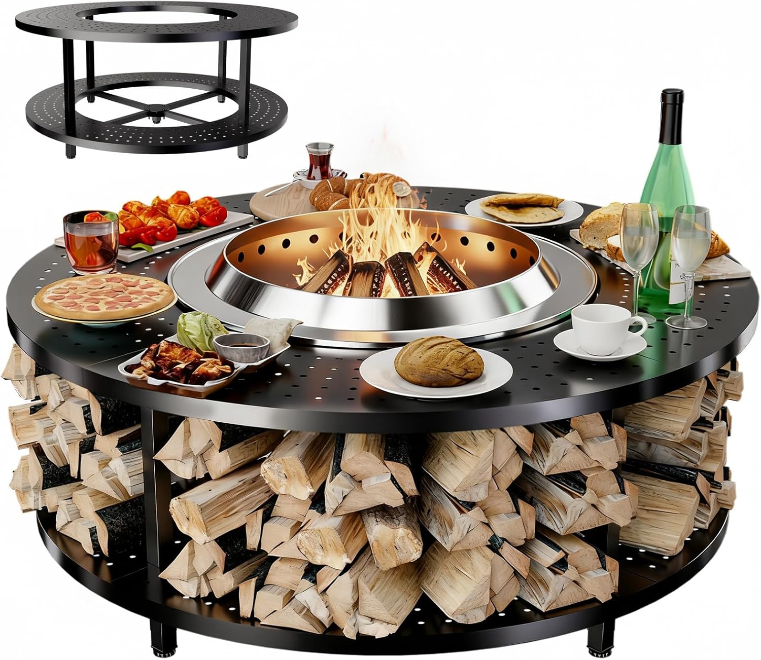 Fire Pit Surround Tabletop for Solo Stove Bonfire 1.0&2.0 and Ranger 1.0&2.0, 41 Fire Pit Surround Tabletop with Wood Storage Shelf, Powder-Coated Steel Surround Tabletop with Extra Space