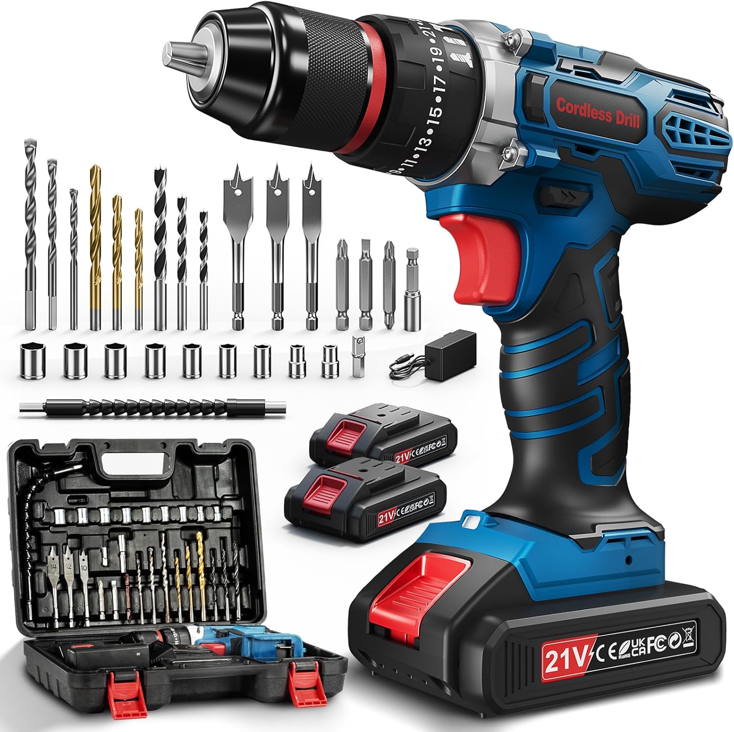 Cordless Drill Driver 20V, 2 Batteries 2.0Ah, Max 42Nm, 25+1 Torque Setting, LED Light, 2 Speeds, 24 Accessories, 10mm Keyless Chuck for Repair, DIY