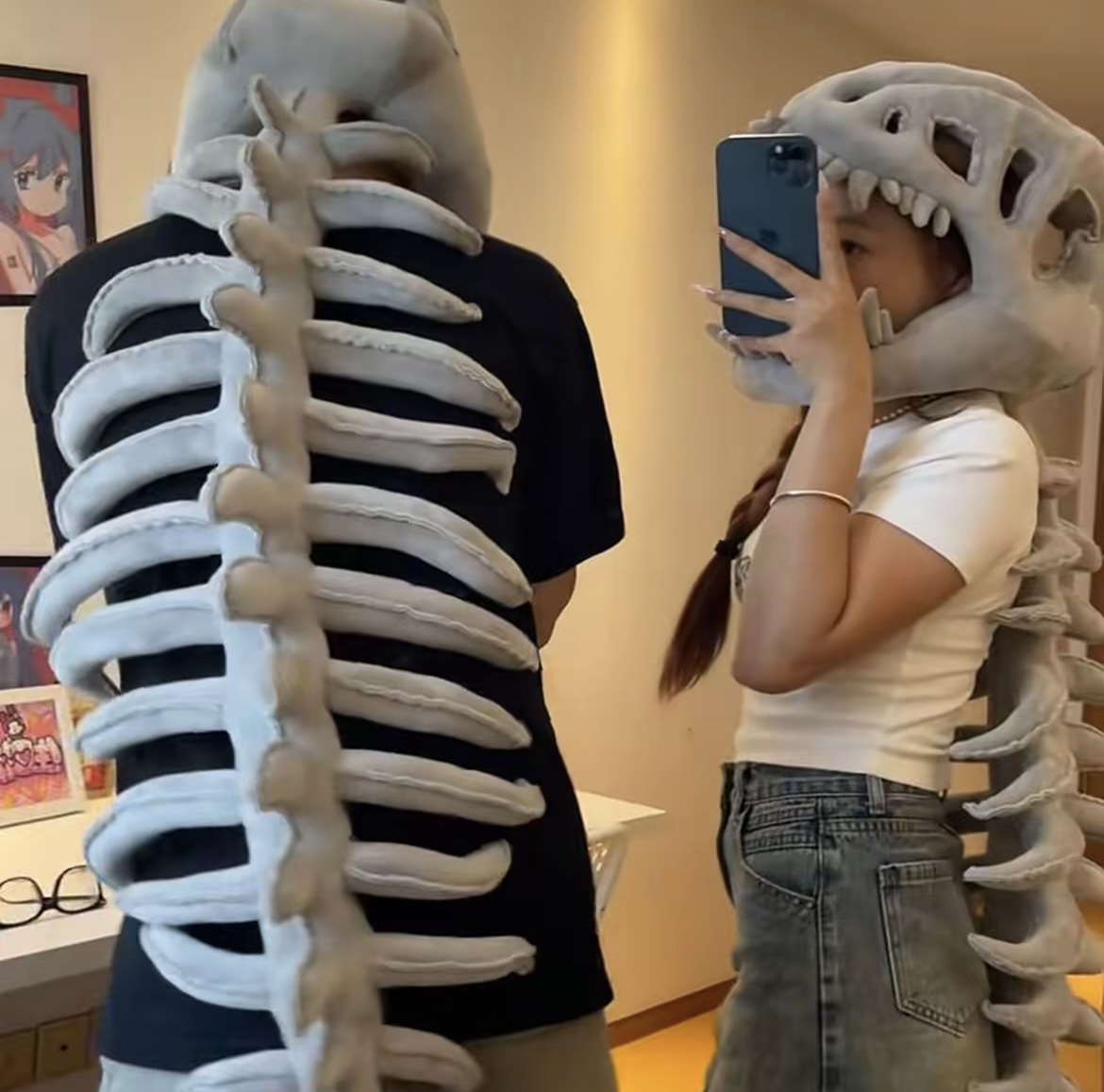 116cm dinosaur skeleton headgear plush toy, exoskeleton adult doll gift