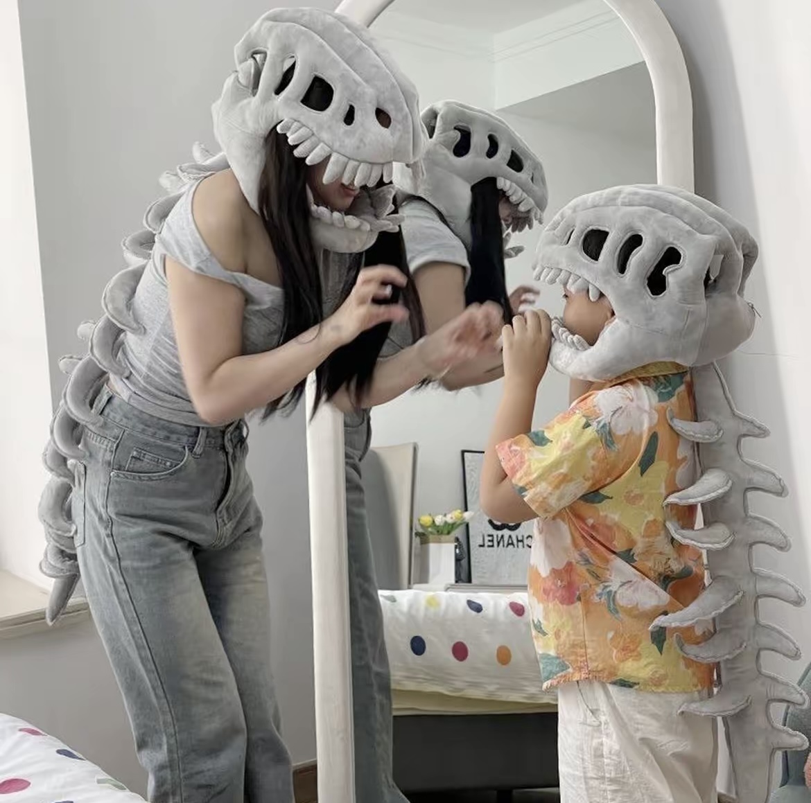 116cm dinosaur skeleton headgear plush toy, exoskeleton adult doll gift