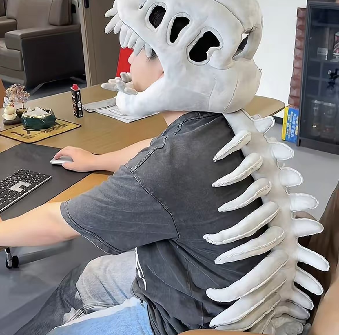 116cm dinosaur skeleton headgear plush toy, exoskeleton adult doll gift