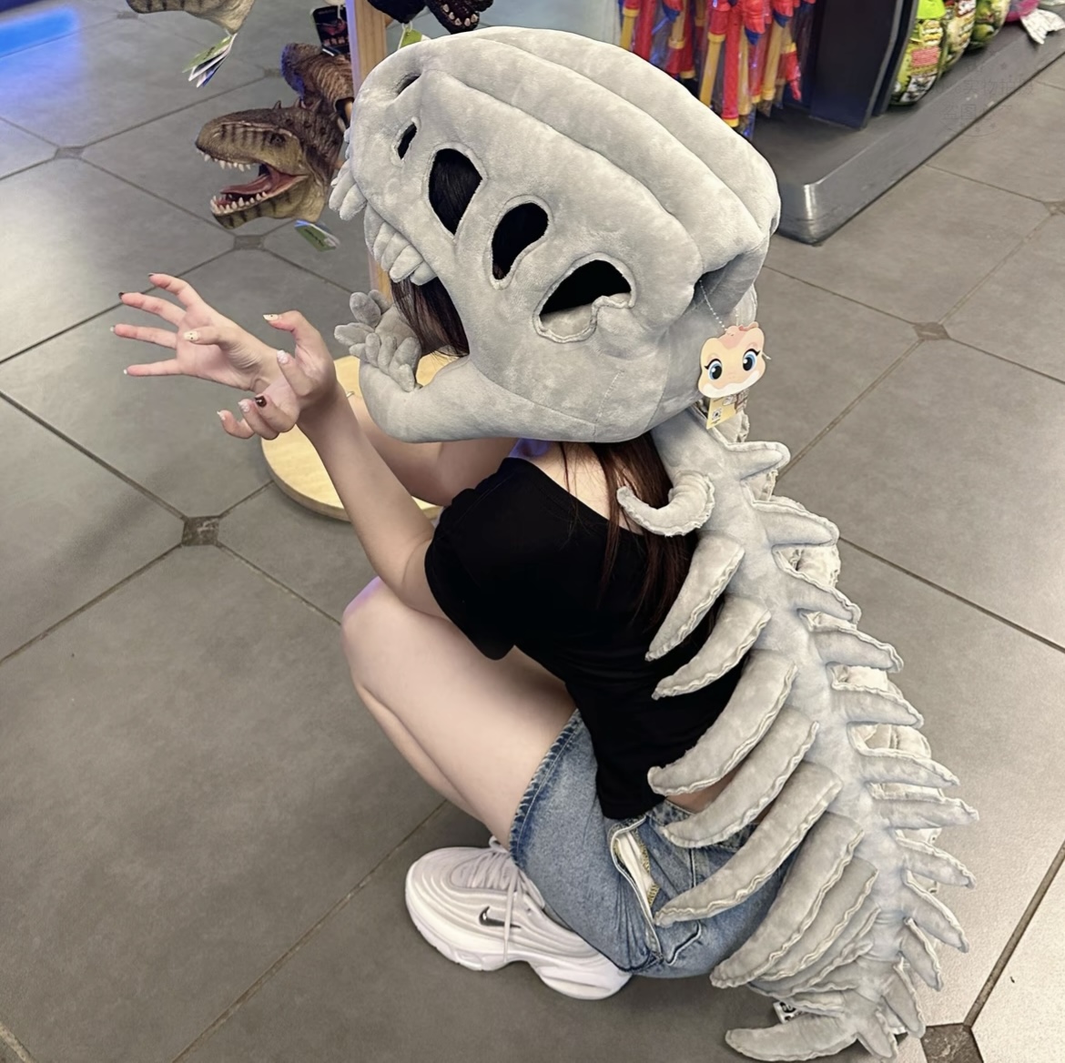 116cm dinosaur skeleton headgear plush toy, exoskeleton adult doll gift