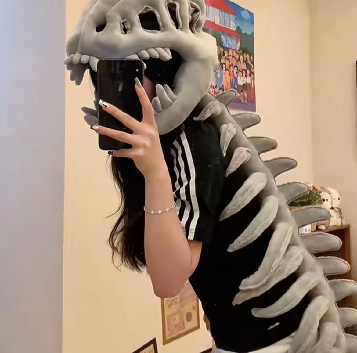 116cm dinosaur skeleton headgear plush toy, exoskeleton adult doll gift