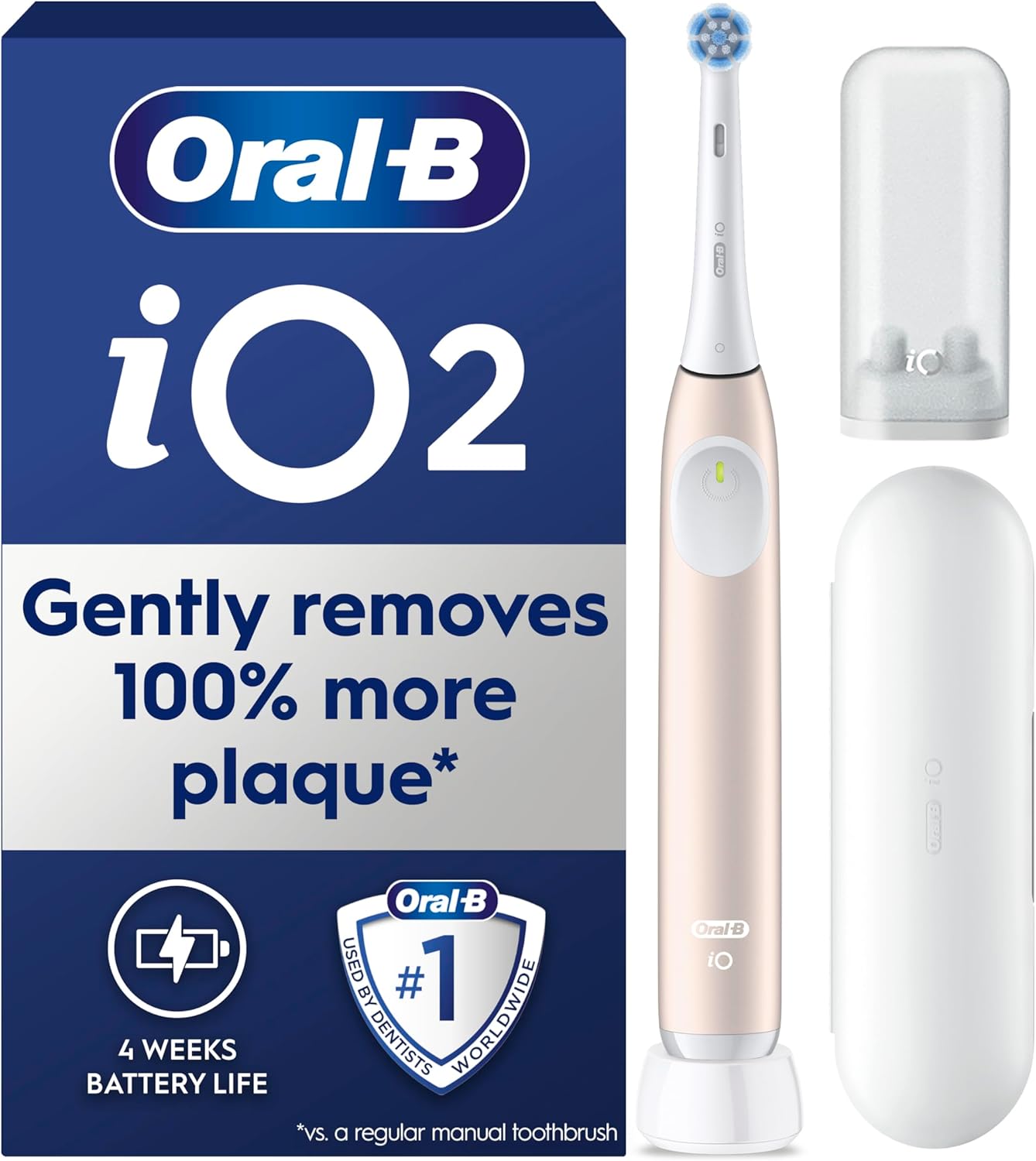 Oral-B iO2 Electric Toothbrush, 1 Gentle Care Toothbrush Head, 1 Travel Case, 1 Travel Refill Holder, Toothbrush for Adults (Calm Pink), Designed by Braun, 2 Pin Plug