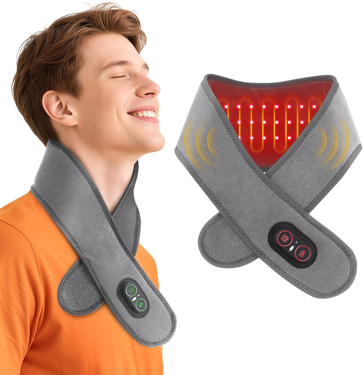 Cordless Neck Heating Pad with Massage, Neck Massager with Heat, Neck Heating Pad for Pain Electric, Heated Neck Brace Wrap with 660nm 850nm Red Light Therapy for Soreness Stiffness Pain Relief
