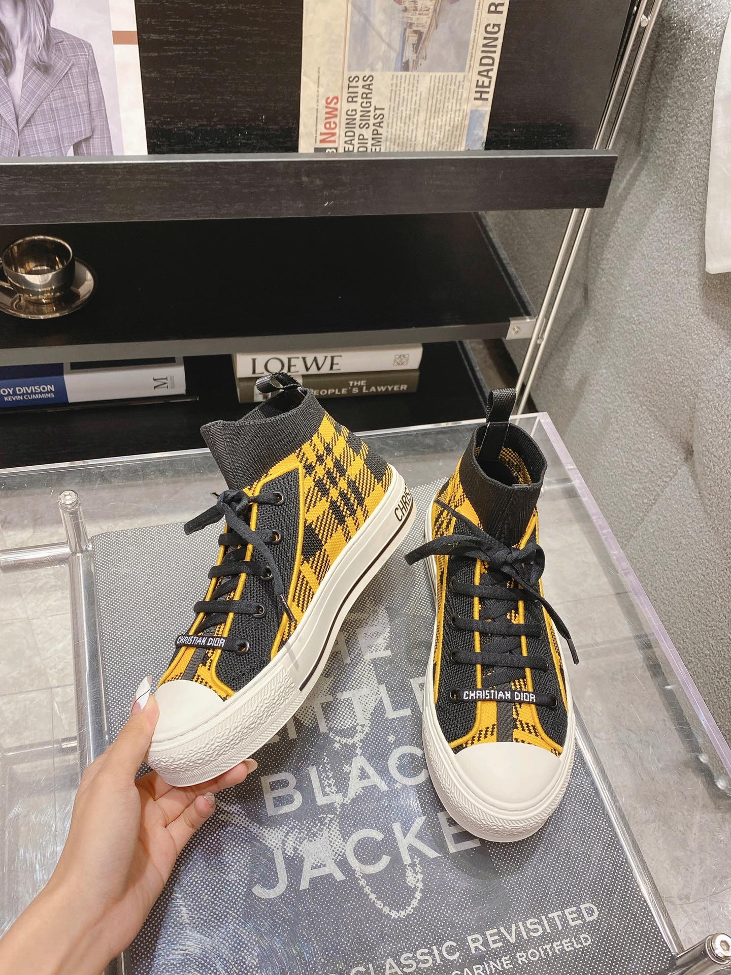 DIOR Rattan Check Casual High Top Board Shoes Fashion Board Shoes Yellow Black