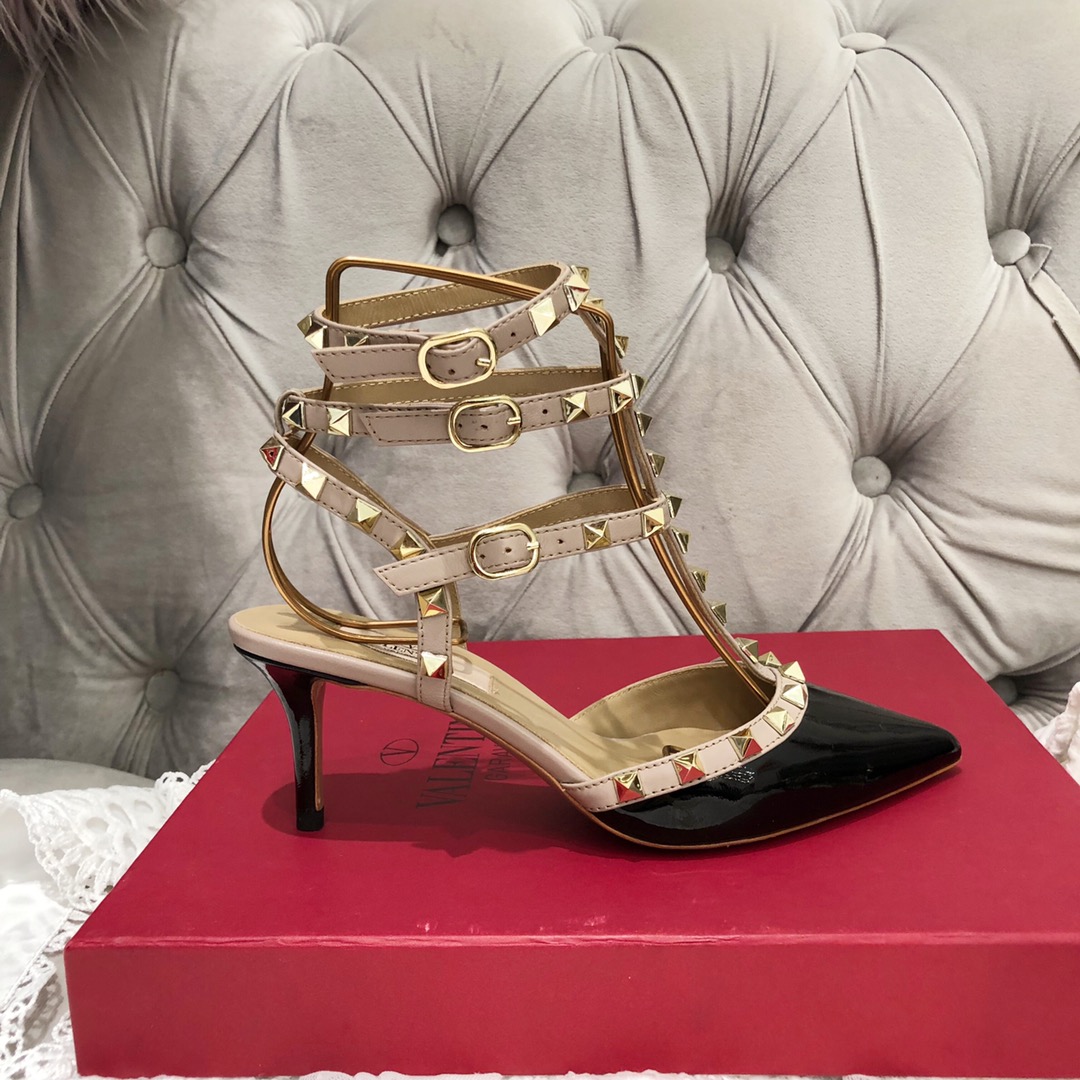 【Valentino】Valentino Valentino top version black patent leather 3 strap 6.5cm high heels