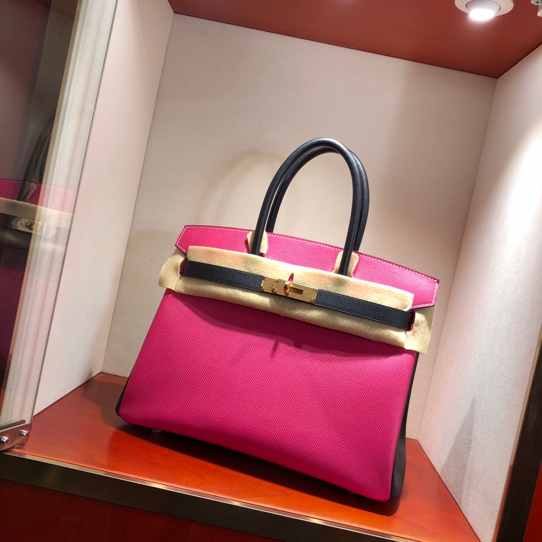 Birkin 30Cm Epsom E5 Rose Tyrien Rose spell 89 Noir black gold buckle top craftsmanship hand stitching waxed thread