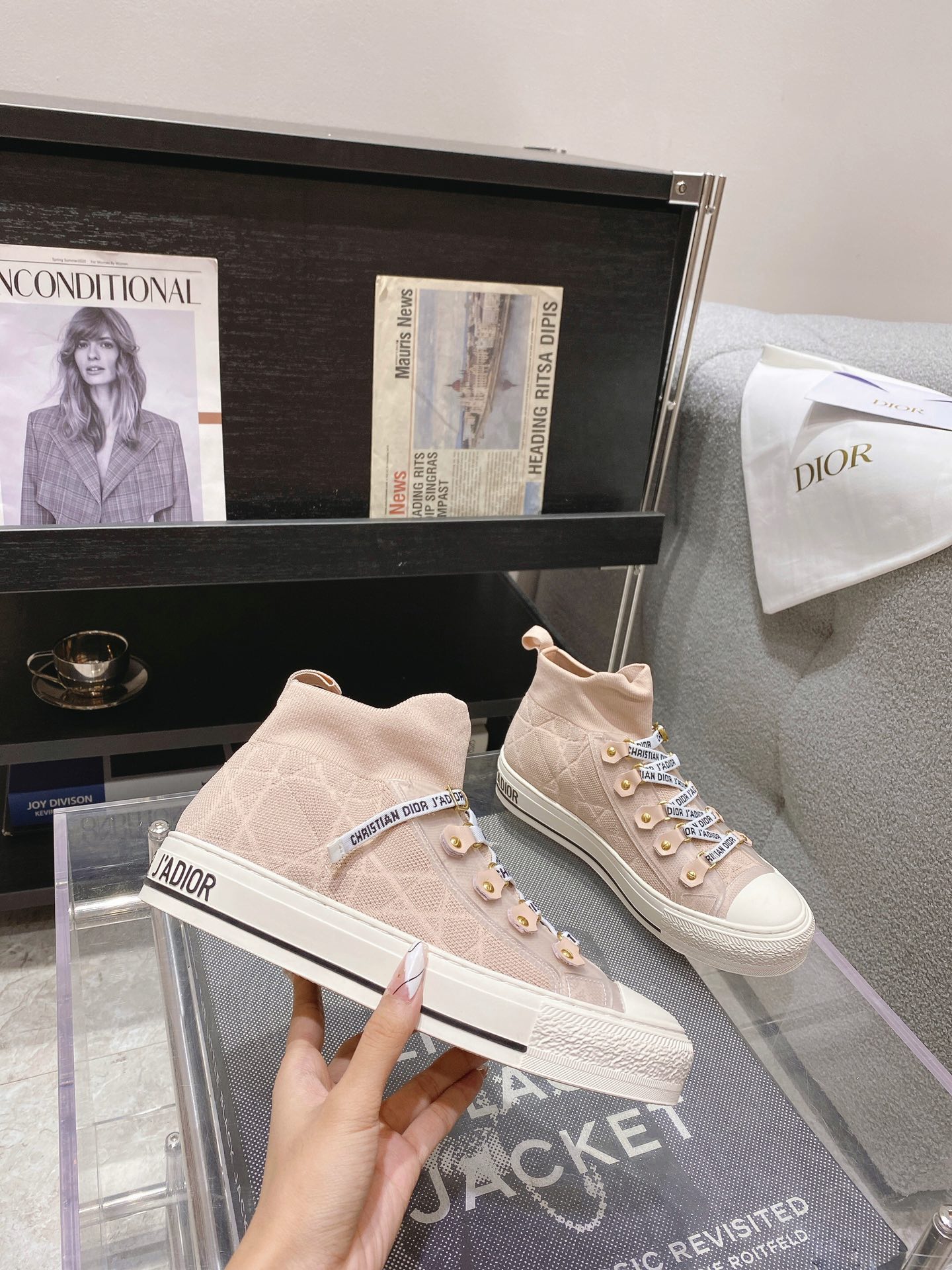 DIOR rattan check casual high top shoes fashion board shoes women nude