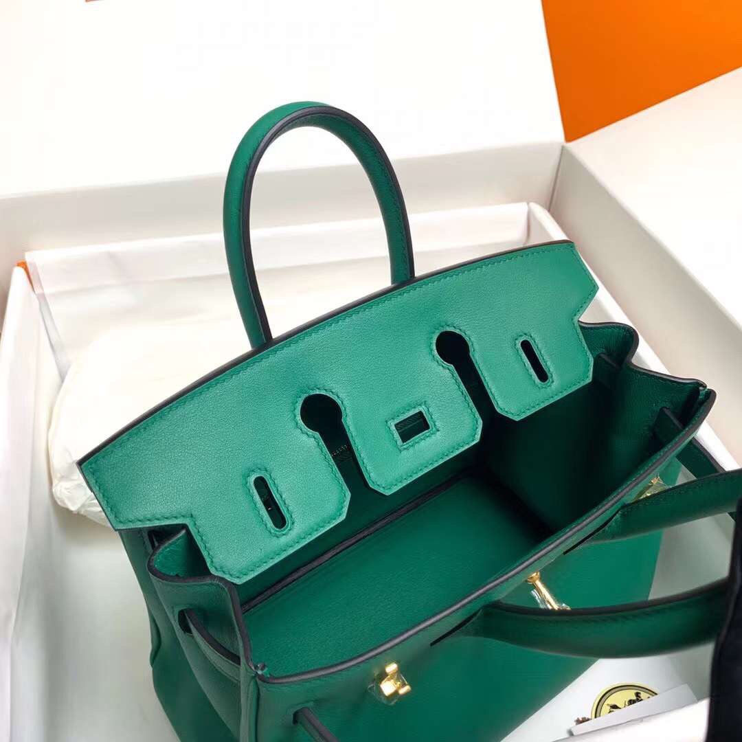 Birkin 25cm u4 velvet green gold buckle silver buckle Original swift calfskin top craftsmanship beeswax thread handmade