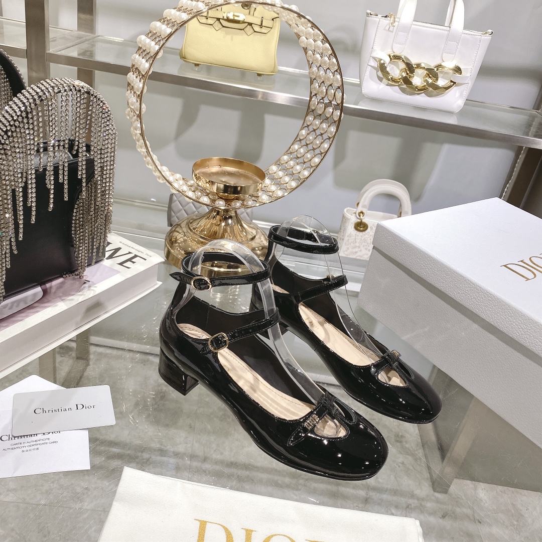 DIOR Retro Fashion Cutout Double Buckle Chunky Heel Mary Jane Shoes 3.5cm Black