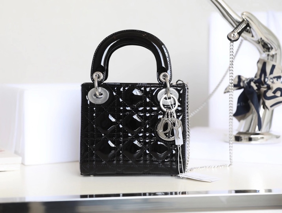 Black and Silver  Lady Dior vine check patent leather cow leather mini handbag