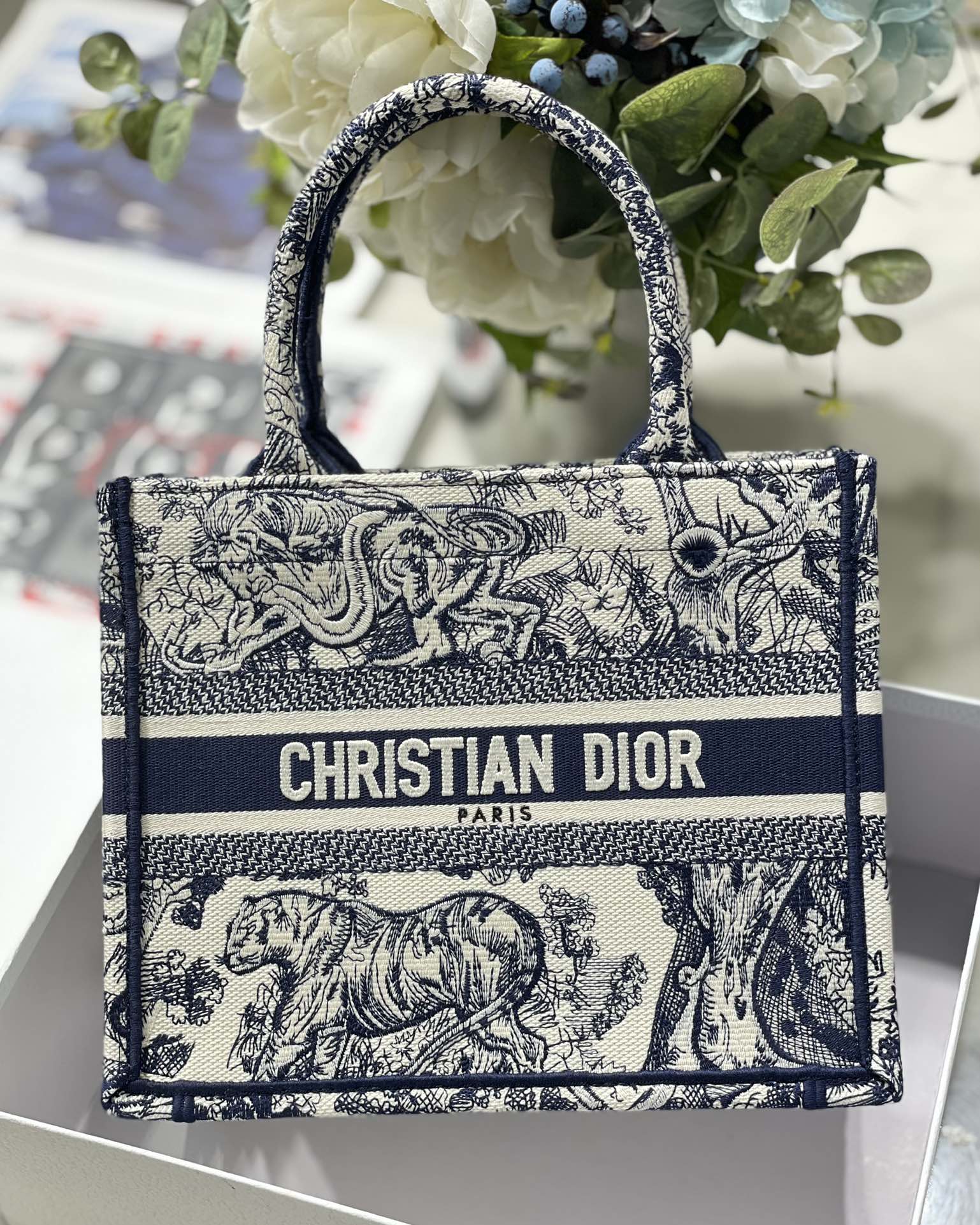 DIOR TOTE blue tiger embroidery